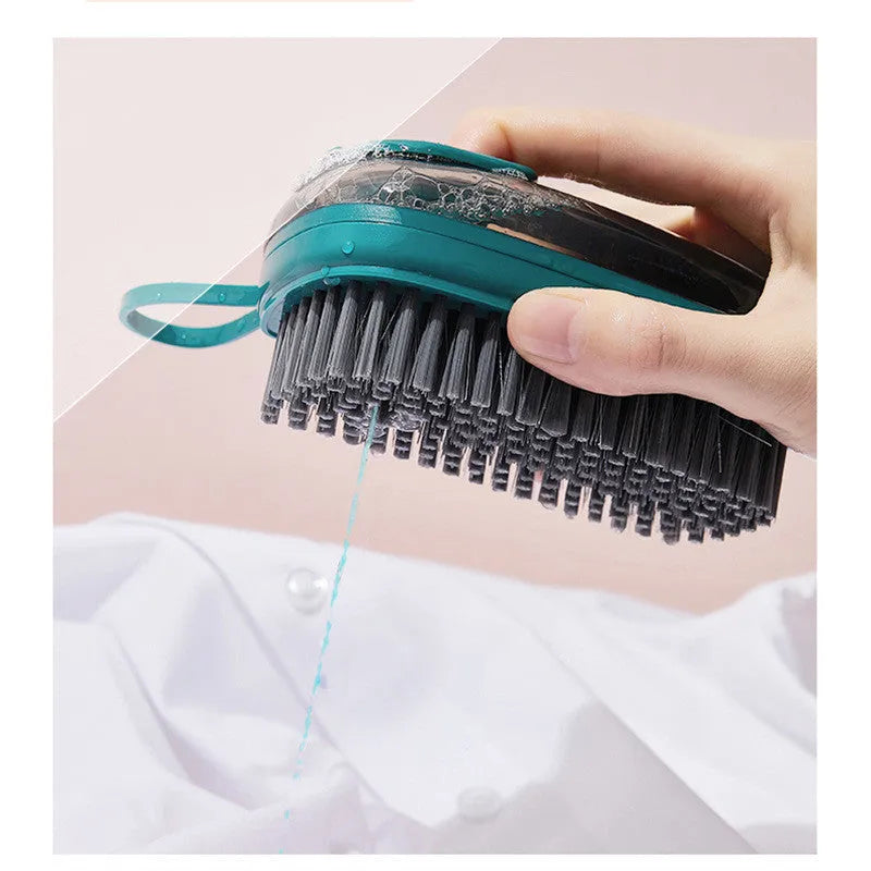 Automatic liquid cleaning brush for shoes and laundry with ergonomic grip in blue, green or red colour