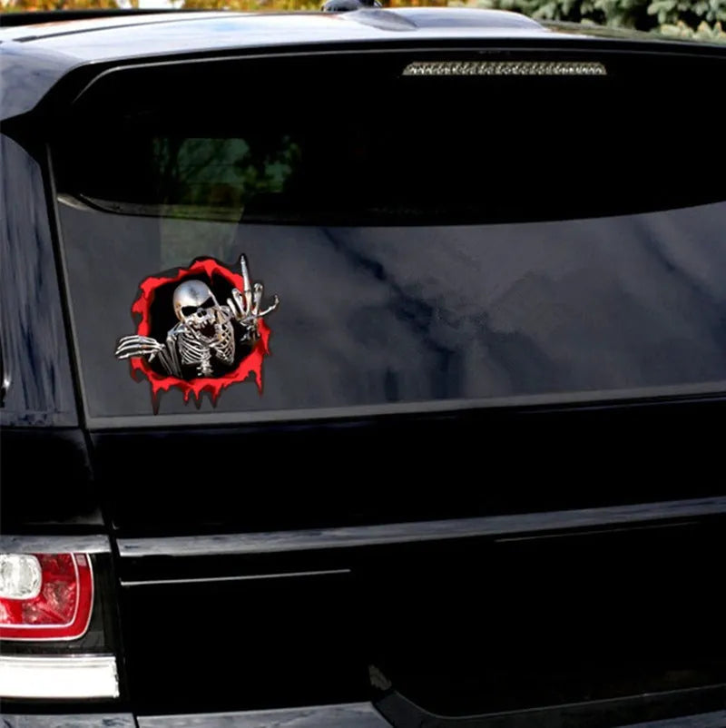 Reflective metal skull car sticker with colourful broken shell design measuring 15x14cm