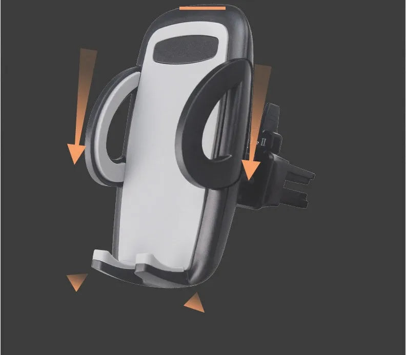 Black universal mobile phone holder attached to a car air conditioning vent.