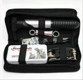 SNJUE AE107 black bicycle repair tool kit with chrome plated socket wrenches, screwdrivers, and tyre repair supplies arranged in case