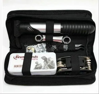 SNJUE AE107 black bicycle repair tool kit with chrome plated socket wrenches, screwdrivers, and tyre repair supplies arranged in case