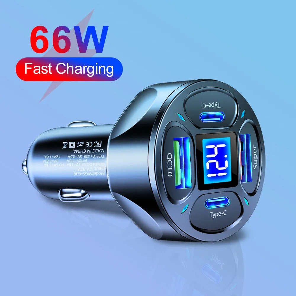66W black and silver digital display car charger with two USB ports and two Type-C ports