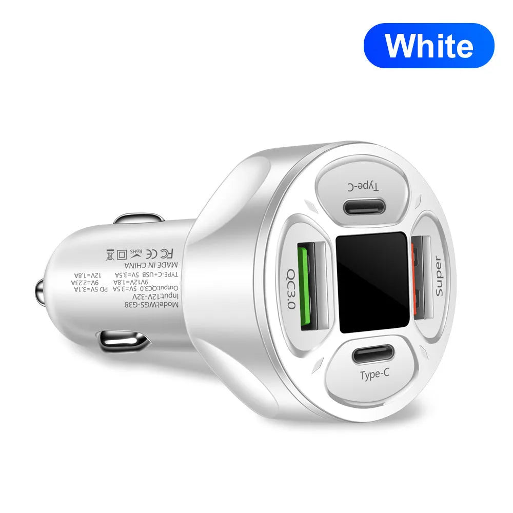 66W black and silver digital display car charger with two USB ports and two Type-C ports
