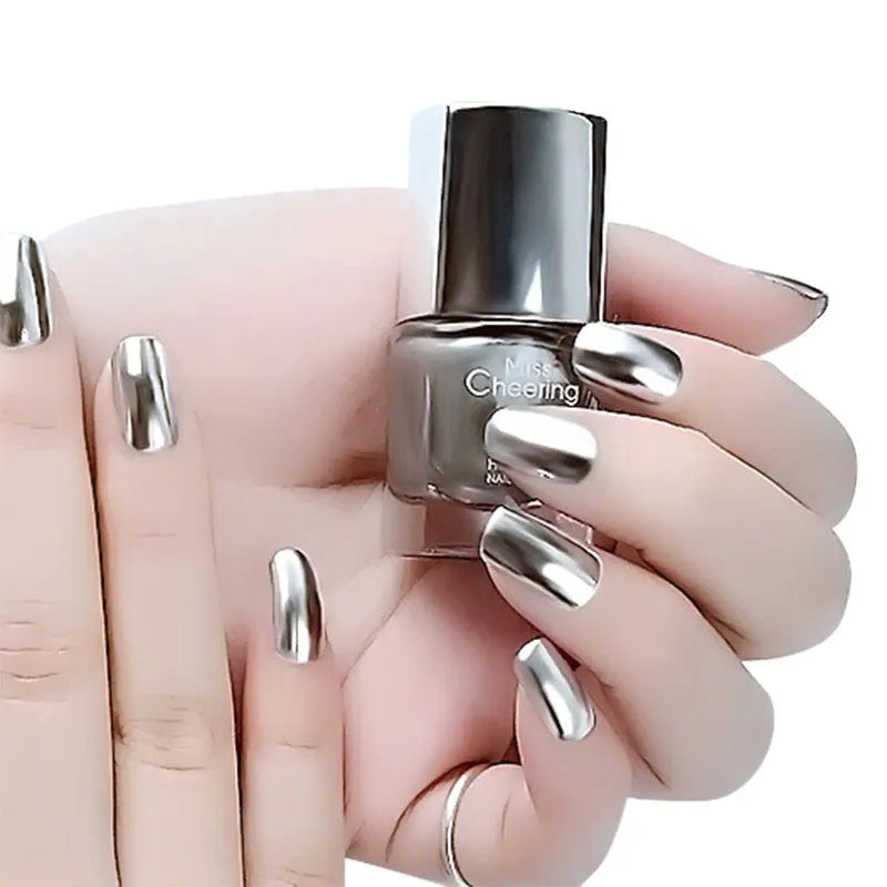 Mirror Nail Polish 12ml bottle with chrome metallic finish and brush tip