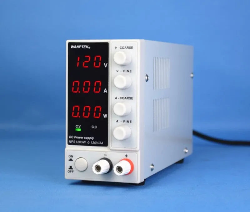LNPS605W adjustable DC laboratory power supply unit with white casing, voltage and current controls.