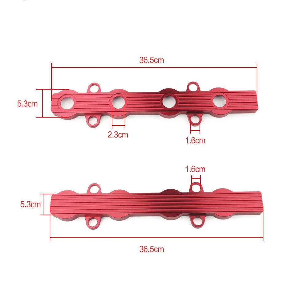 Aluminium alloy engine harness mounting bracket in blue, red, or silver finish, shown with and without holes.