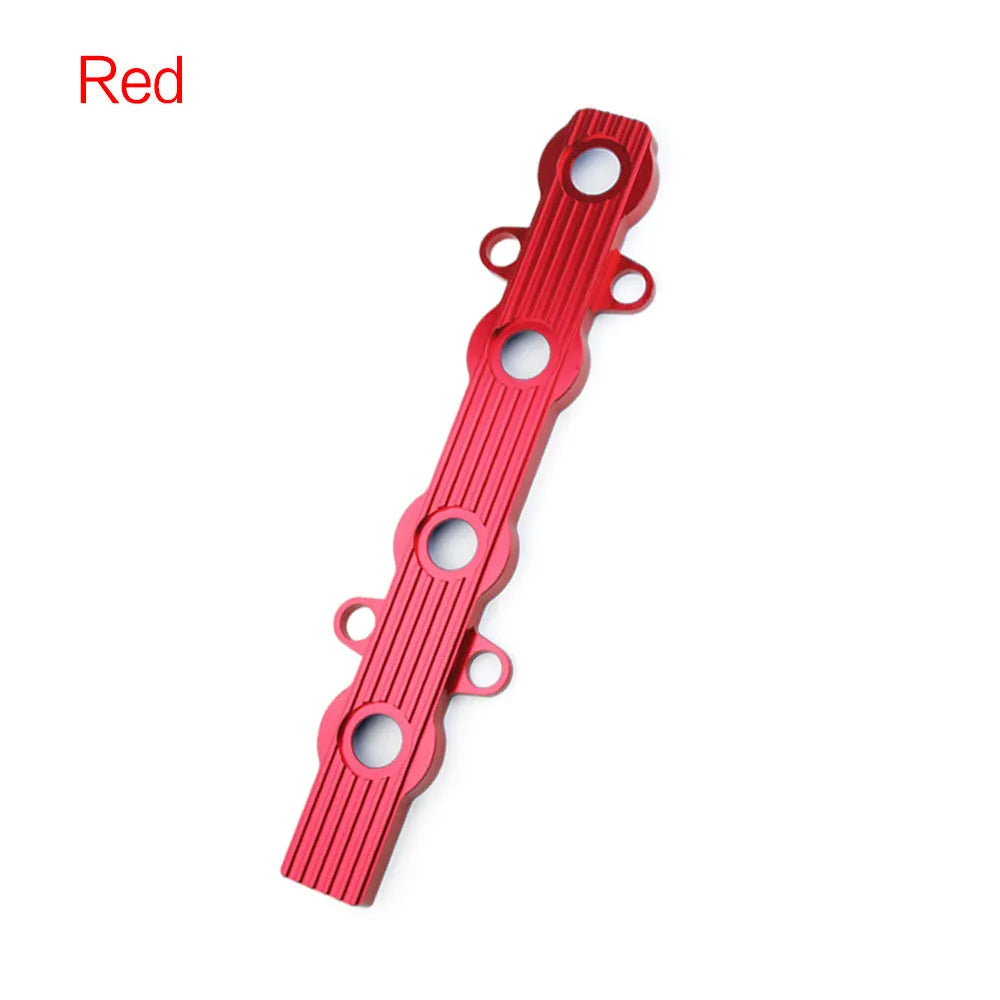 Aluminium alloy engine harness mounting bracket in blue, red, or silver finish, shown with and without holes.