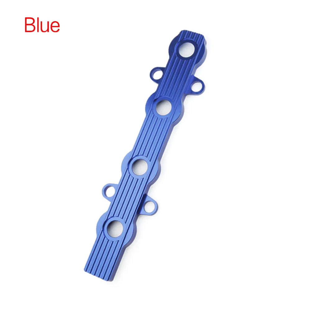 Aluminium alloy engine harness mounting bracket in blue, red, or silver finish, shown with and without holes.