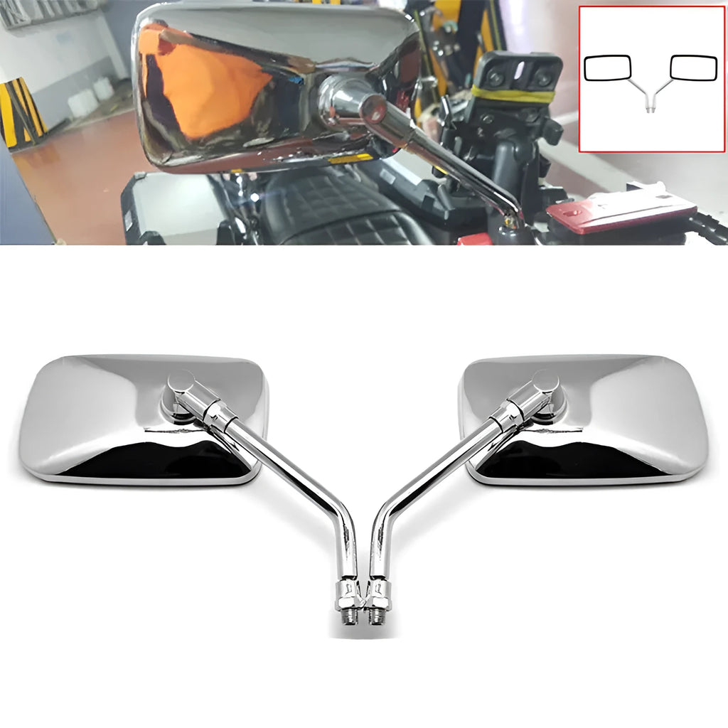 Silver all-metal motorcycle rearview mirror with convex lens on a dark background