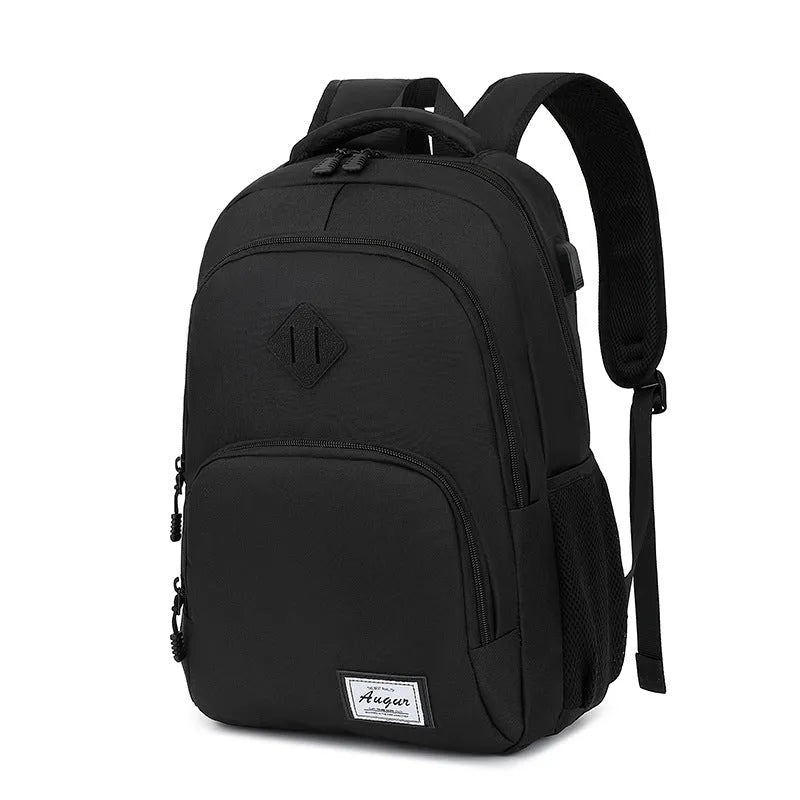 Grey lightweight backpack with USB charging port on the side, showing trolley sleeve on back