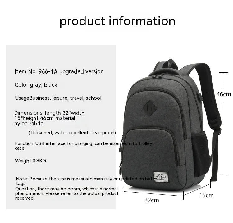 Grey lightweight backpack with USB charging port on the side, showing trolley sleeve on back