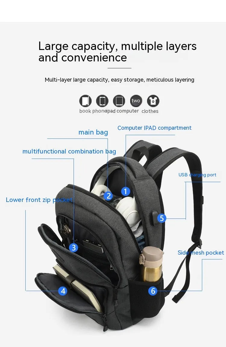 Grey lightweight backpack with USB charging port on the side, showing trolley sleeve on back