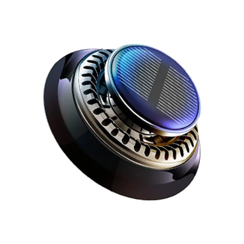 Solar-powered kinetic car air freshener with rotating double rings in black plastic with wood slice accents