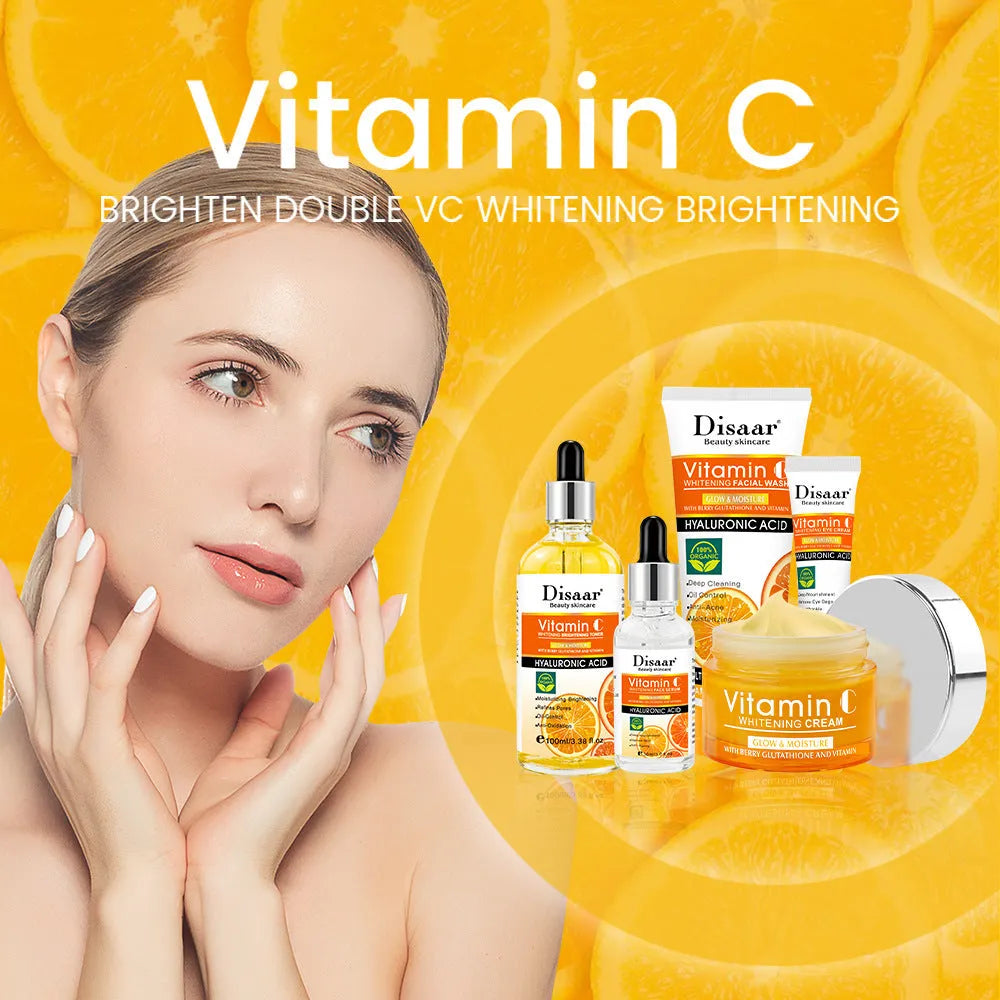 Vitamin C facial care set with toner, emulsion, serum, cream, and eye cream in coordinated packaging