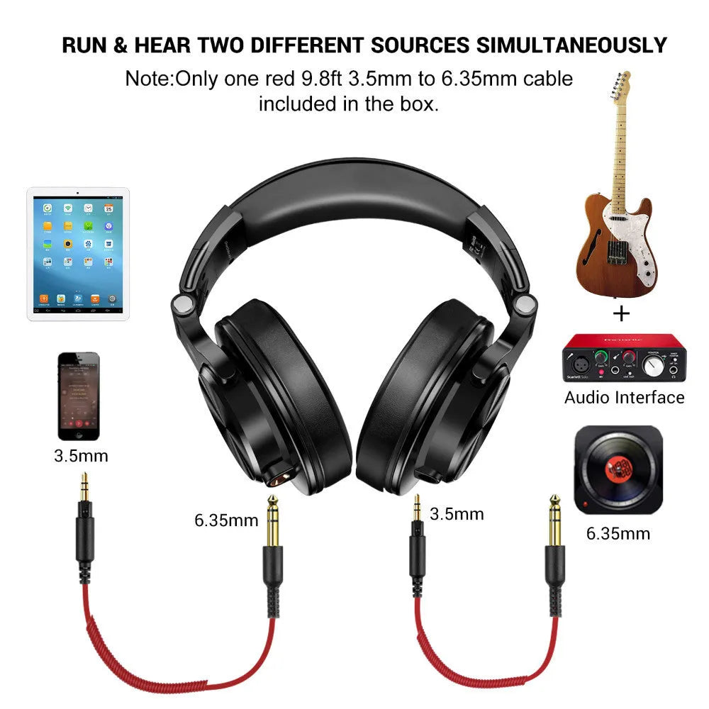 OneOdio over-ear headphones in black and red colour options, showing 40mm speaker drivers.