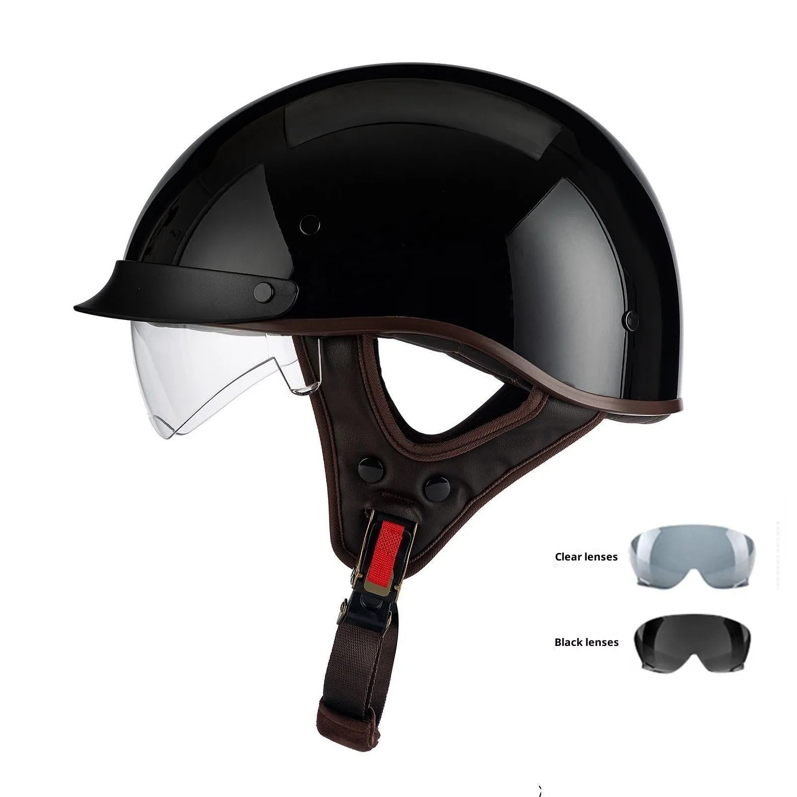 Retro electric motorcycle helmet in bright black with whiskers design on side and front vents