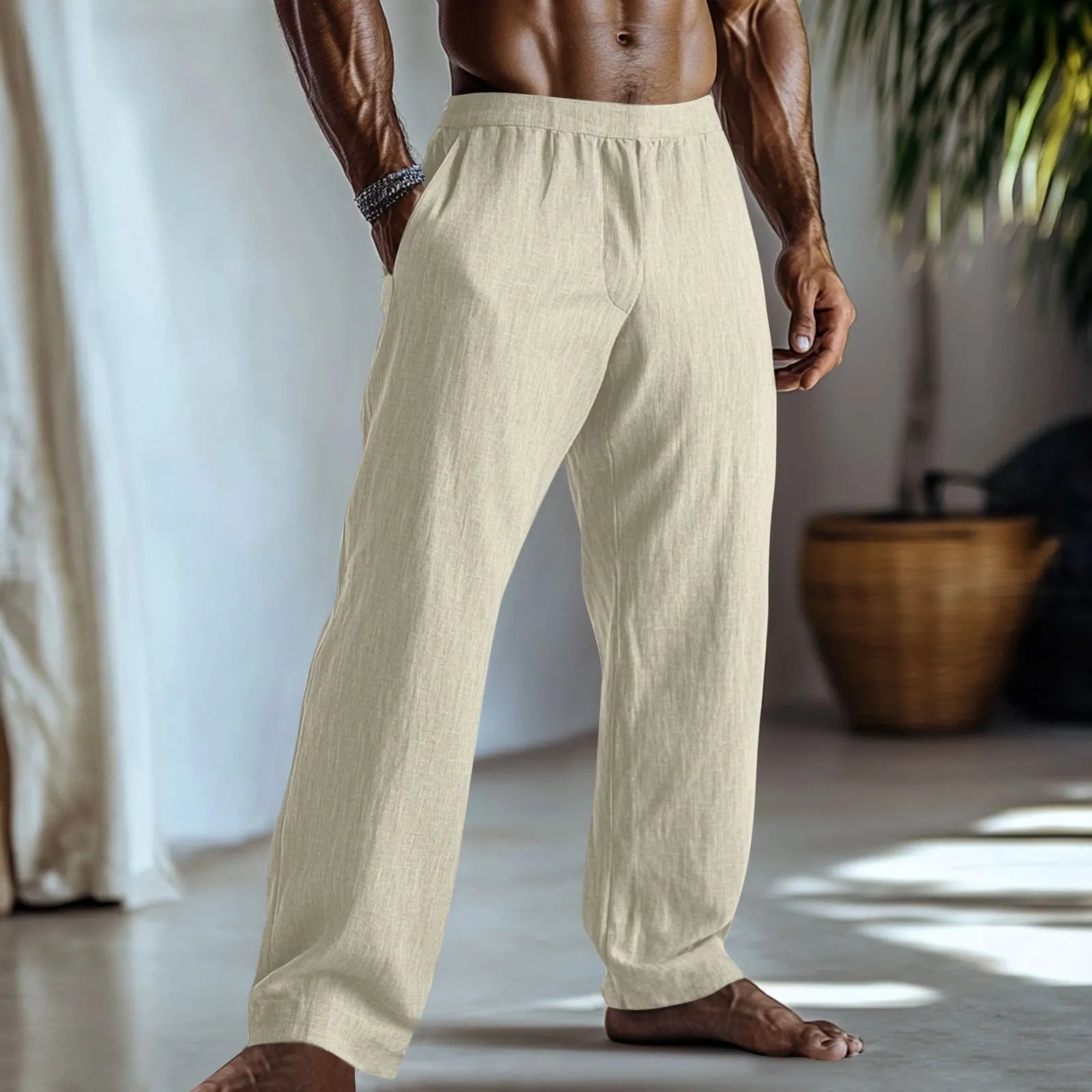 Cotton and linen straight leg trousers in British casual style with front pockets
