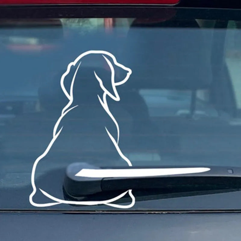 Black and white cartoon dog car sticker with wiper tail, dimensions 21cm by 33cm.