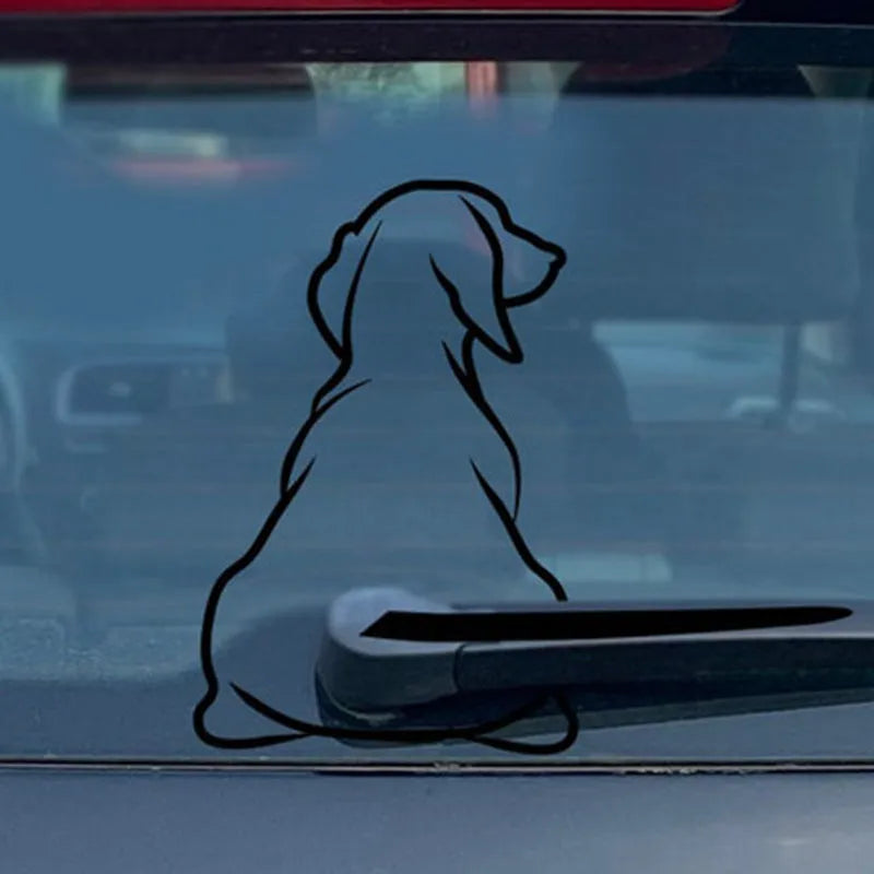 Black and white cartoon dog car sticker with wiper tail, dimensions 21cm by 33cm.