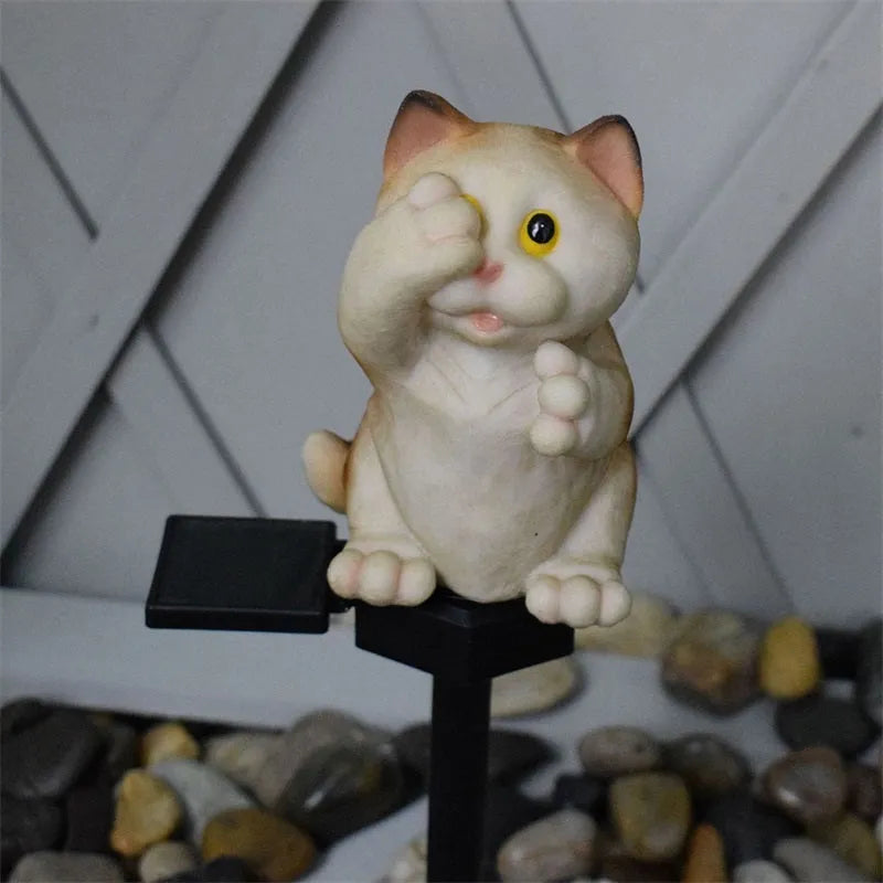 Brown cat-shaped solar lawn light for garden decoration with LED illumination