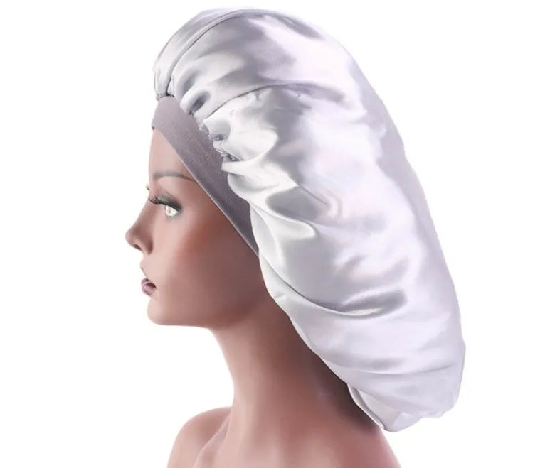 Beauty print satin silk bonnet sleep cap with elastic edge, available in multiple colours
