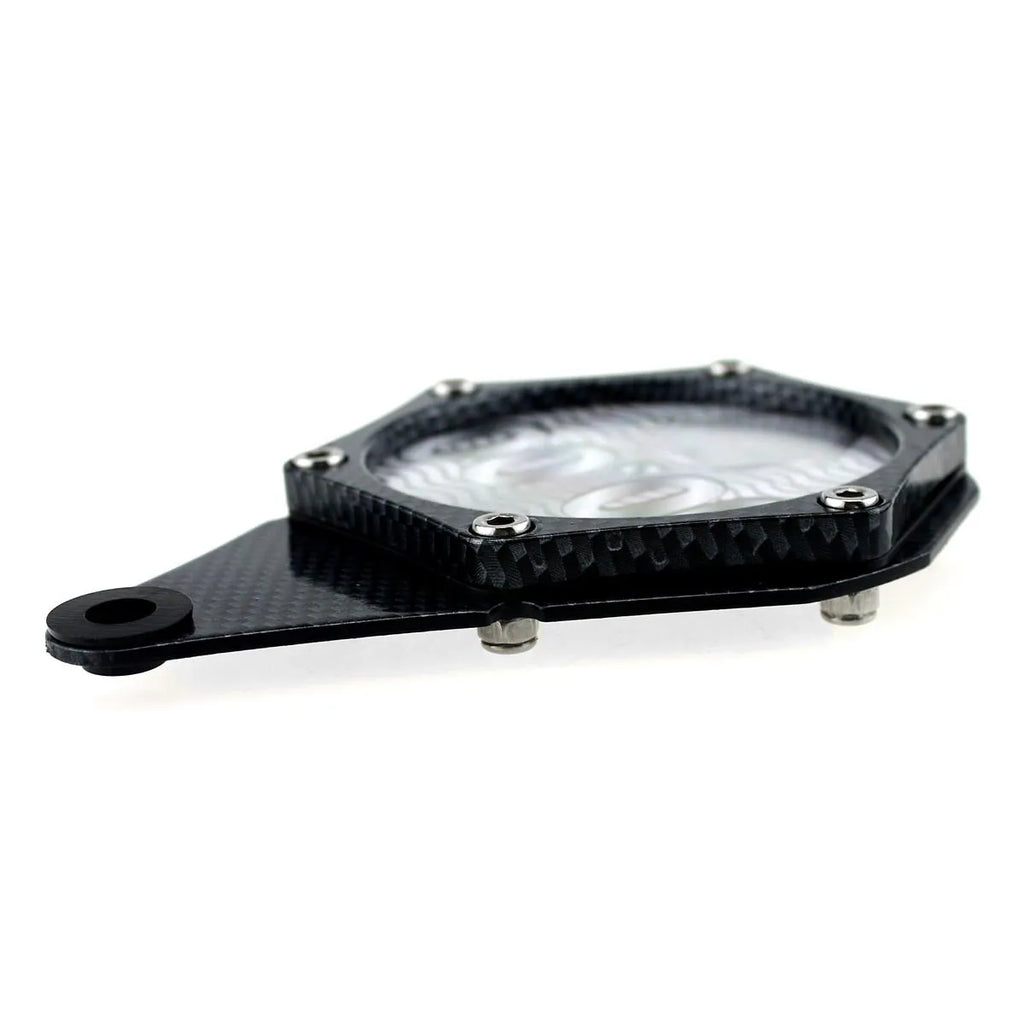 Black carbon fibre pattern motorcycle fuel tank cap lock with six-corner security screws