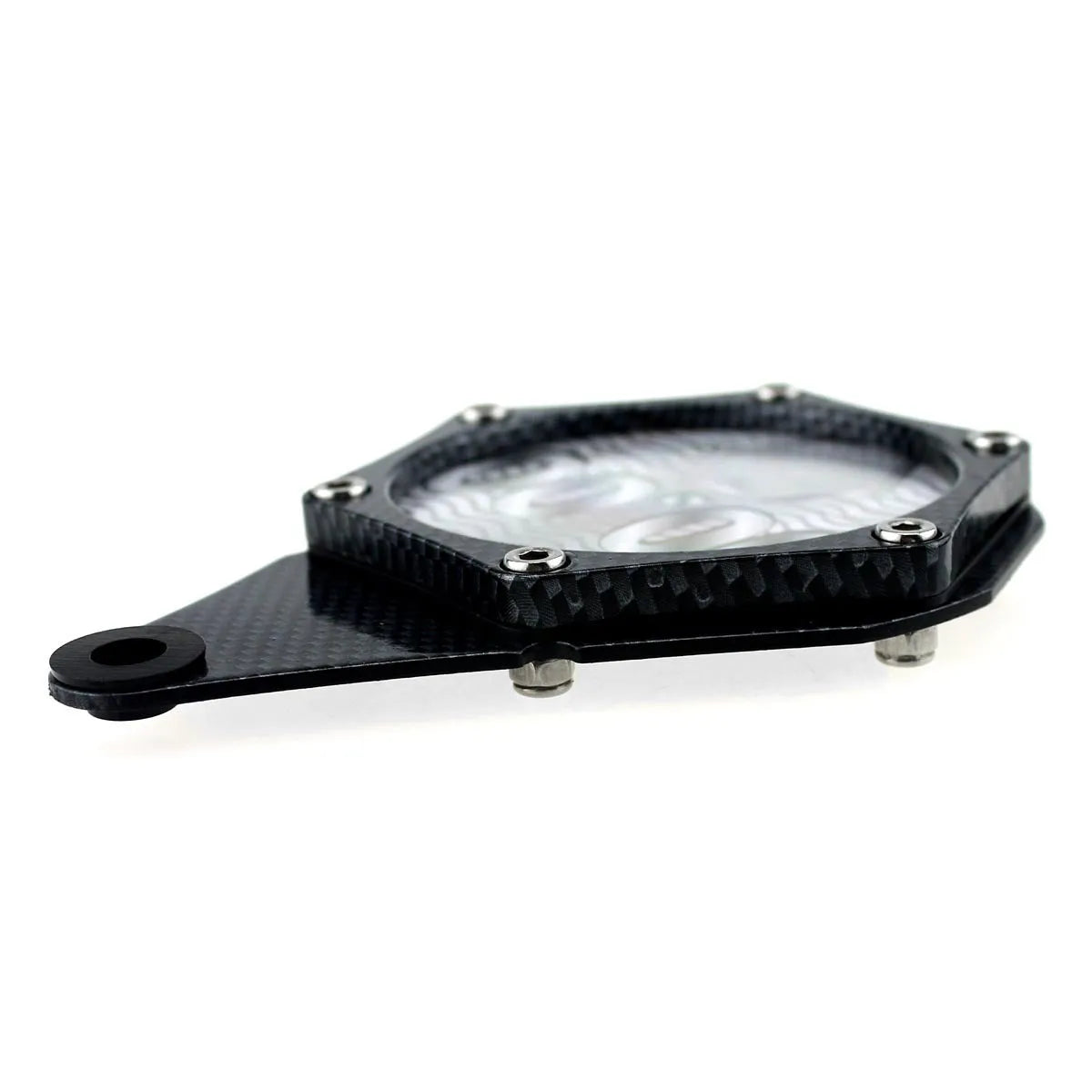 Black carbon fibre pattern motorcycle fuel tank cap lock with six-corner security screws