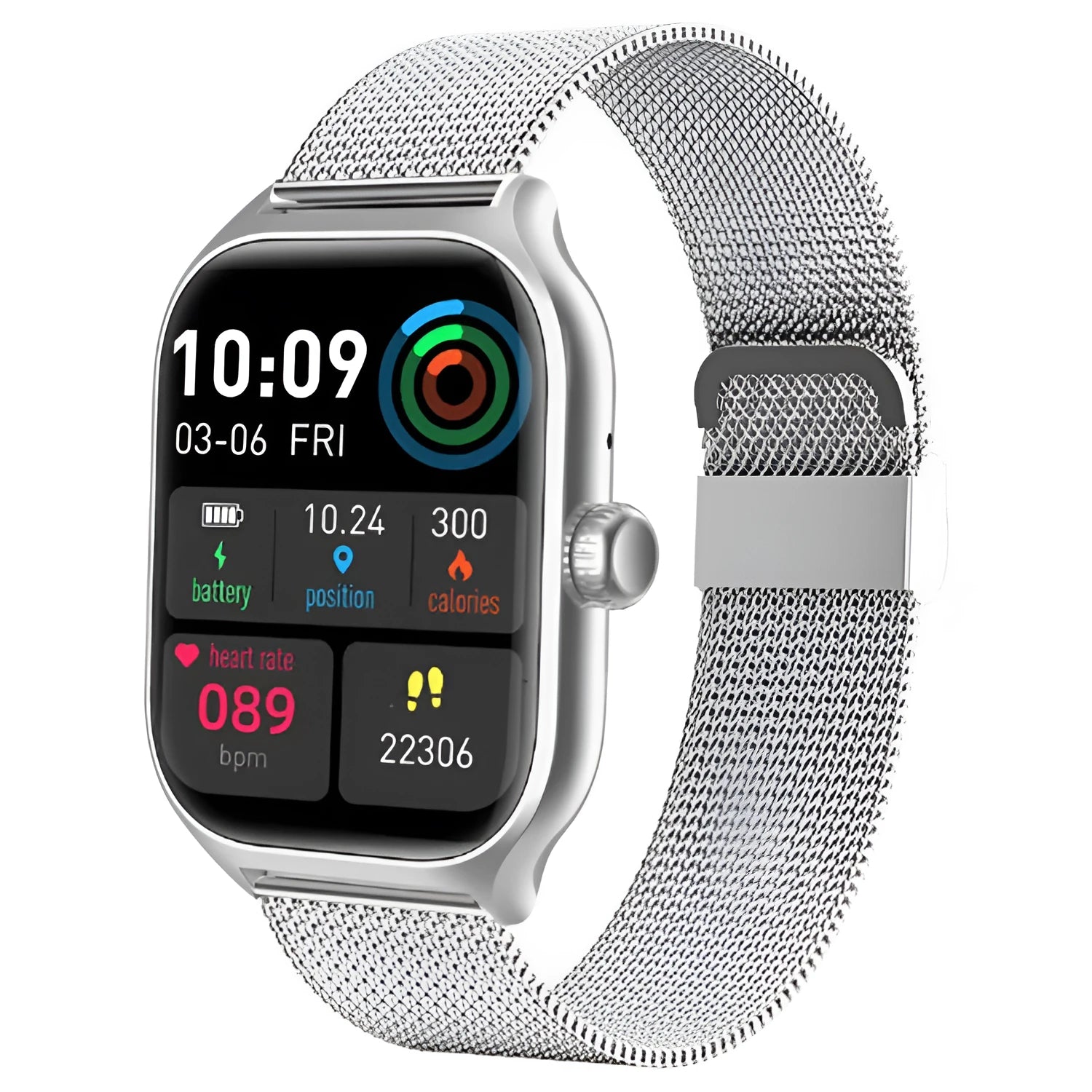 Bluetooth smart watch with touch screen display showing health metrics and call function