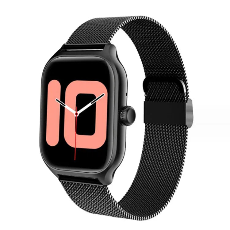 Bluetooth smart watch with touch screen display showing health metrics and call function