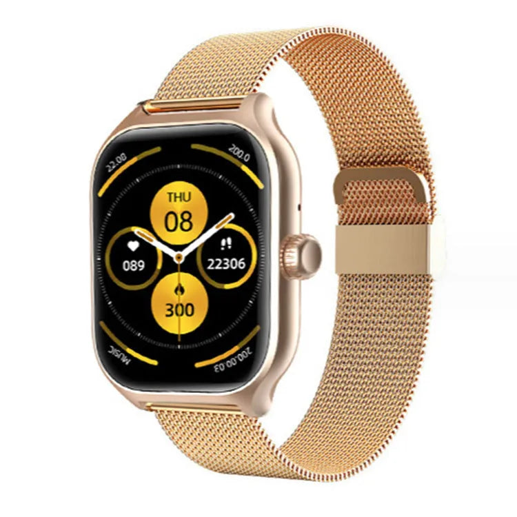 Bluetooth smart watch with touch screen display showing health metrics and call function