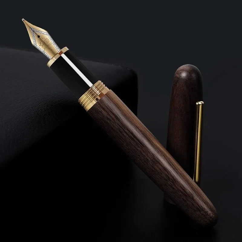 Wooden fountain pen with rotating cap shown in various wood finishes including rosewood and ebony.