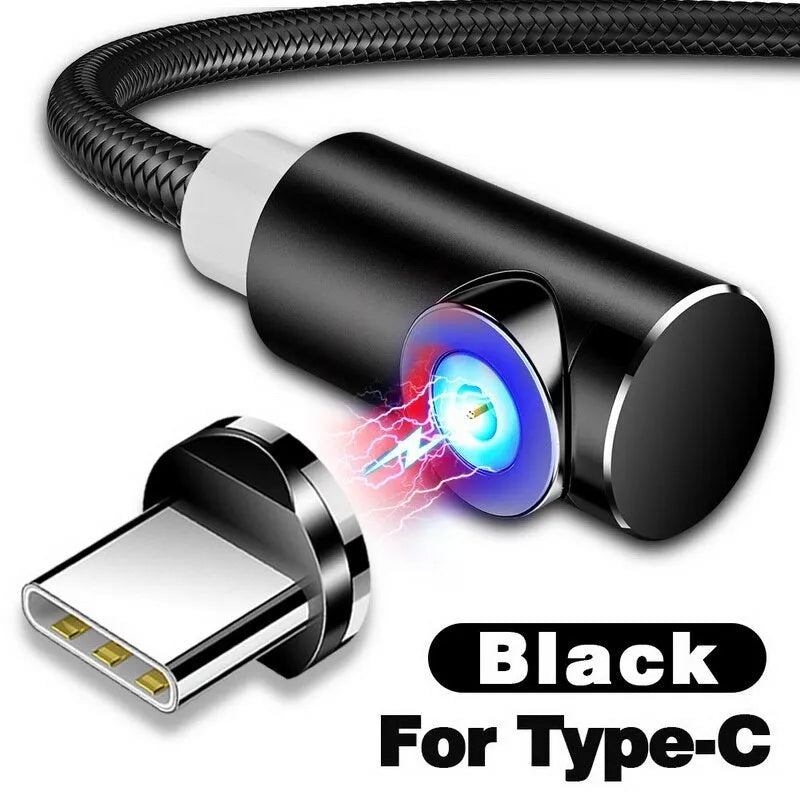 Black L-shaped magnetic charging cable with aluminium connectors for Micro USB, Lightning, and Type-C phones.