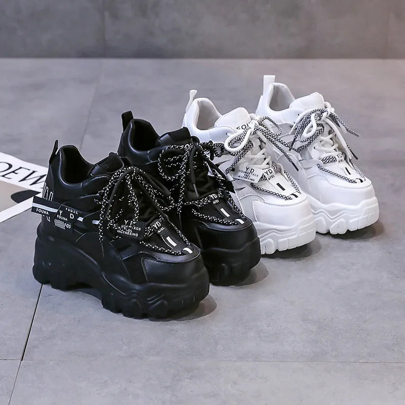 Women's white mesh platform sports shoes with cross strap and 6-8cm heel