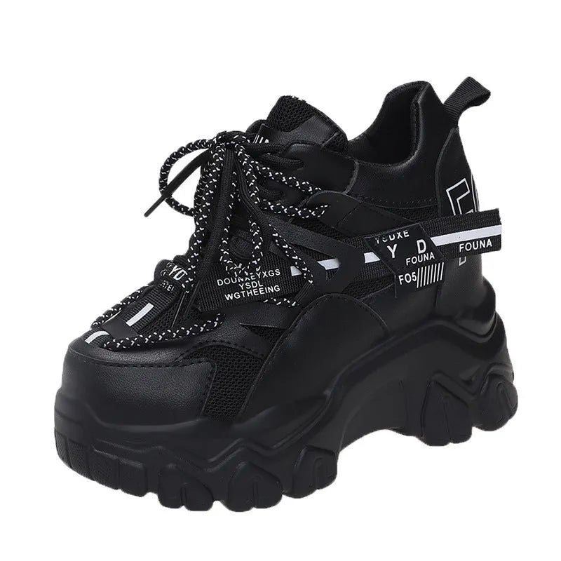 Women's white mesh platform sports shoes with cross strap and 6-8cm heel