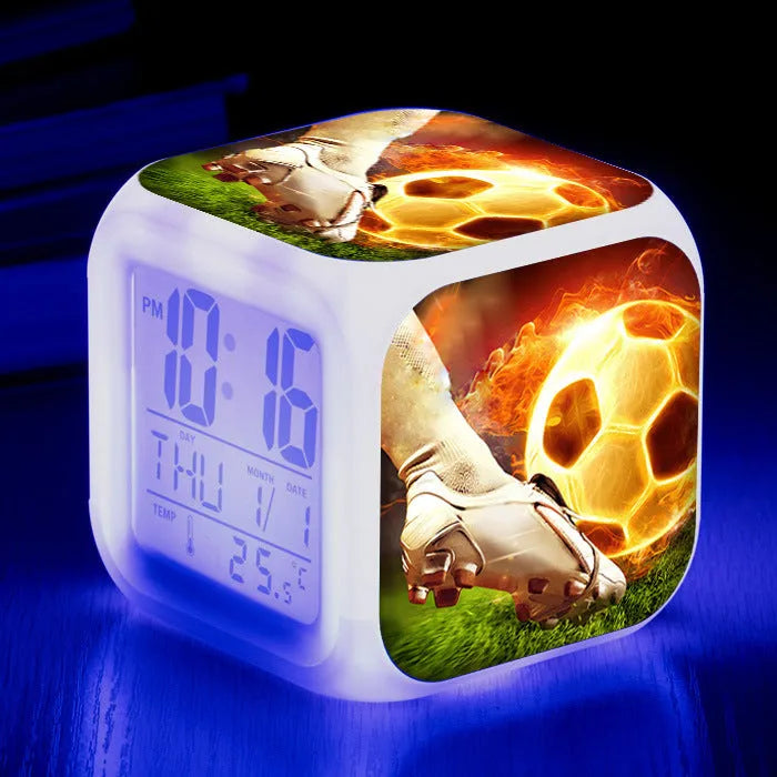 Football pattern children's square alarm clock with digital display and mute alarm function