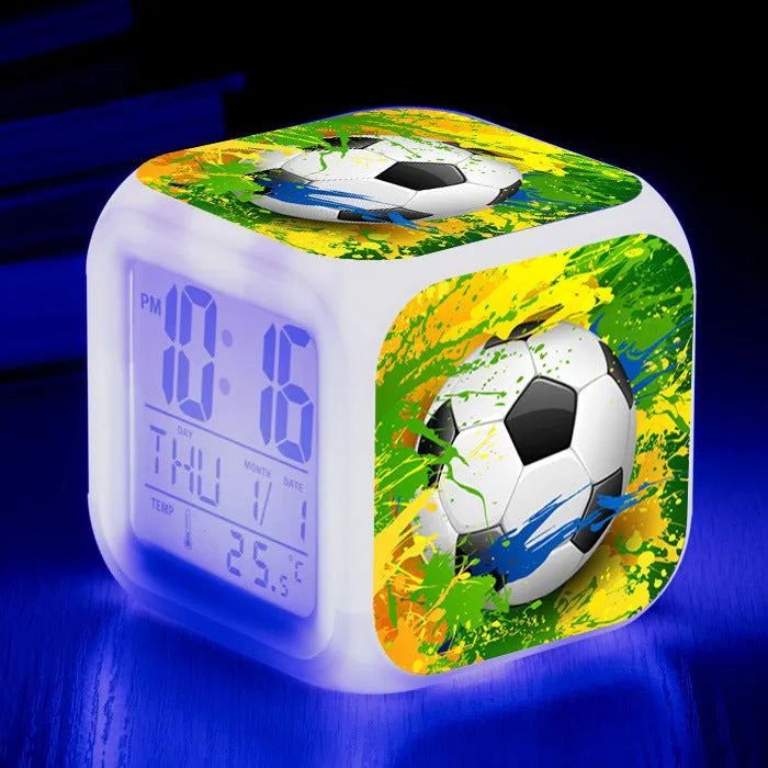 Football pattern children's square alarm clock with digital display and mute alarm function