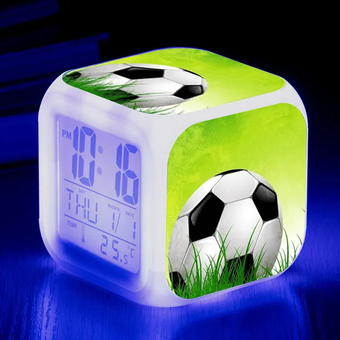 Football pattern children's square alarm clock with digital display and mute alarm function