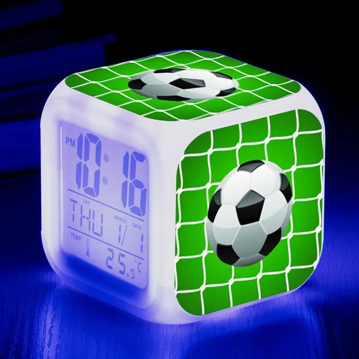 Football pattern children's square alarm clock with digital display and mute alarm function