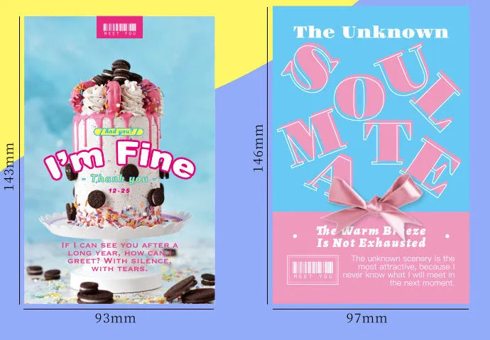 Set of two simple fresh-style printed postcards with 'Time Not Arrived' and 'Warm Wind Not Exhausted' designs.