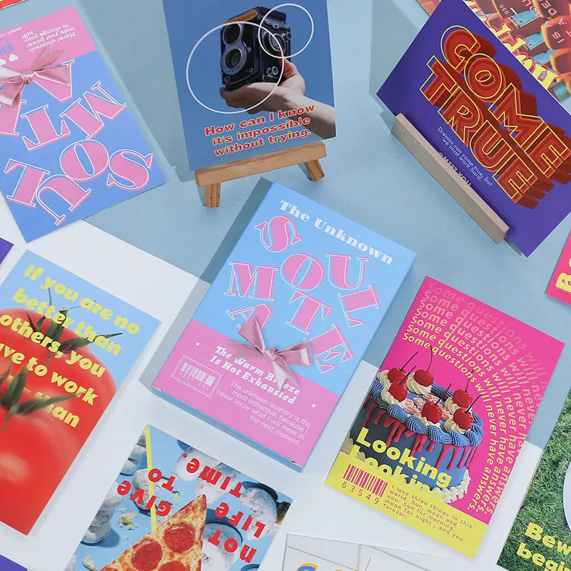 Set of two simple fresh-style printed postcards with 'Time Not Arrived' and 'Warm Wind Not Exhausted' designs.