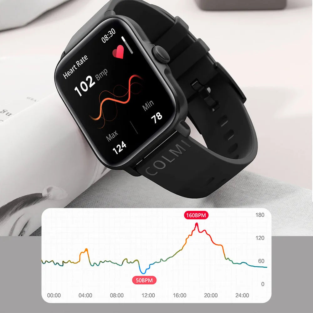 Waterproof full screen smart watch with heart rate and blood pressure monitoring, available in multiple colours