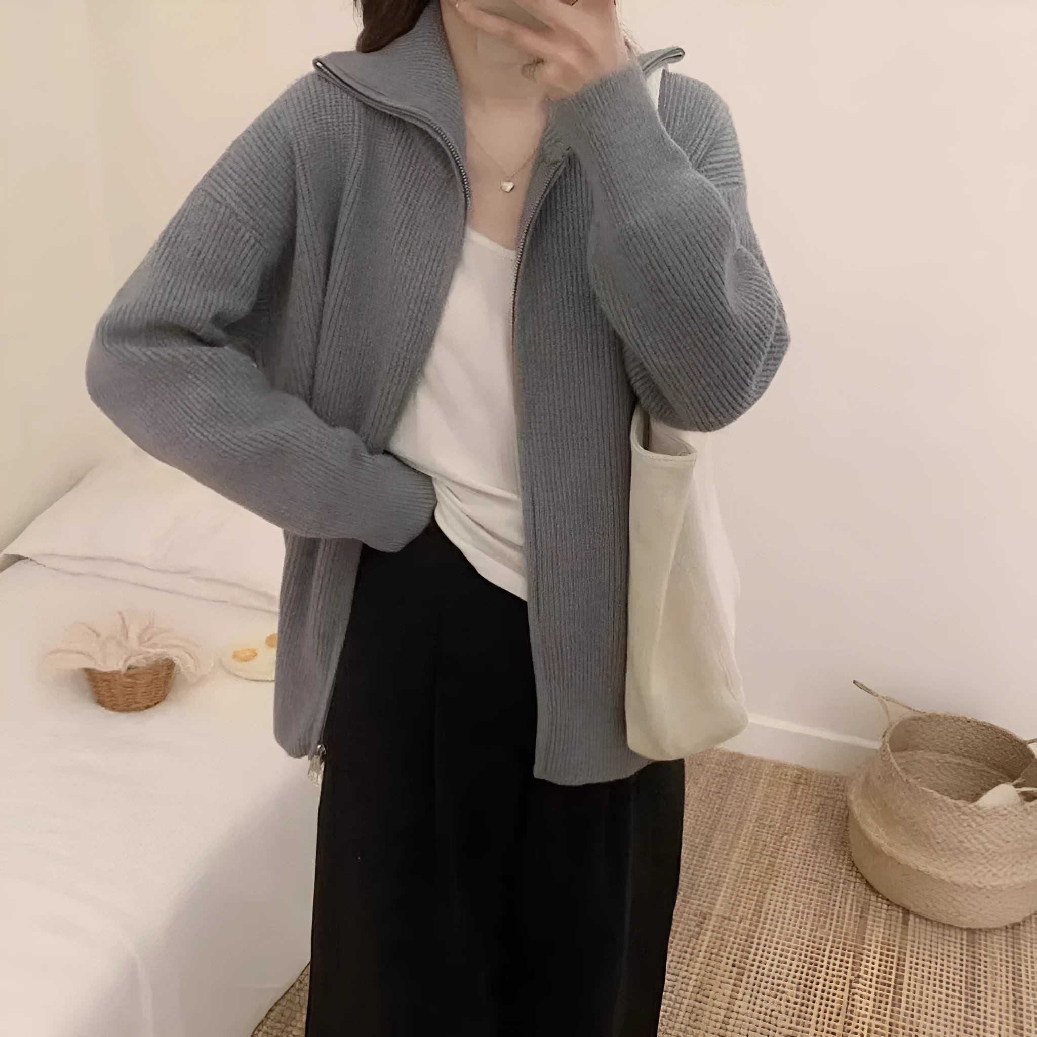 Hong Kong style grey double zipper knitted cardigan with floral pattern, loose fit.