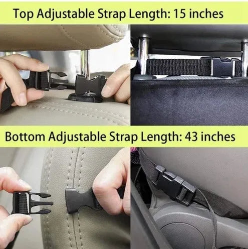 Car seat back storage bag in 600D Oxford cloth with mesh pocket, 61x41cm, hanging on seat back