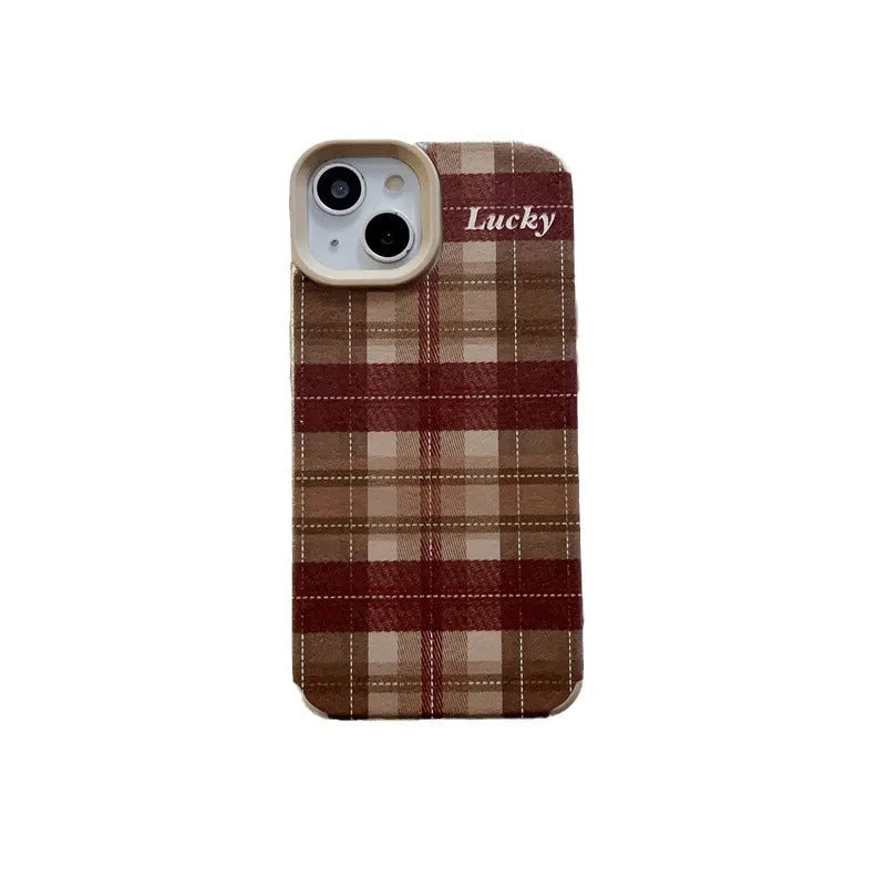 Letter personality lambskin plaid phone case for iPhone 14 in light coffee colour with embossed pattern