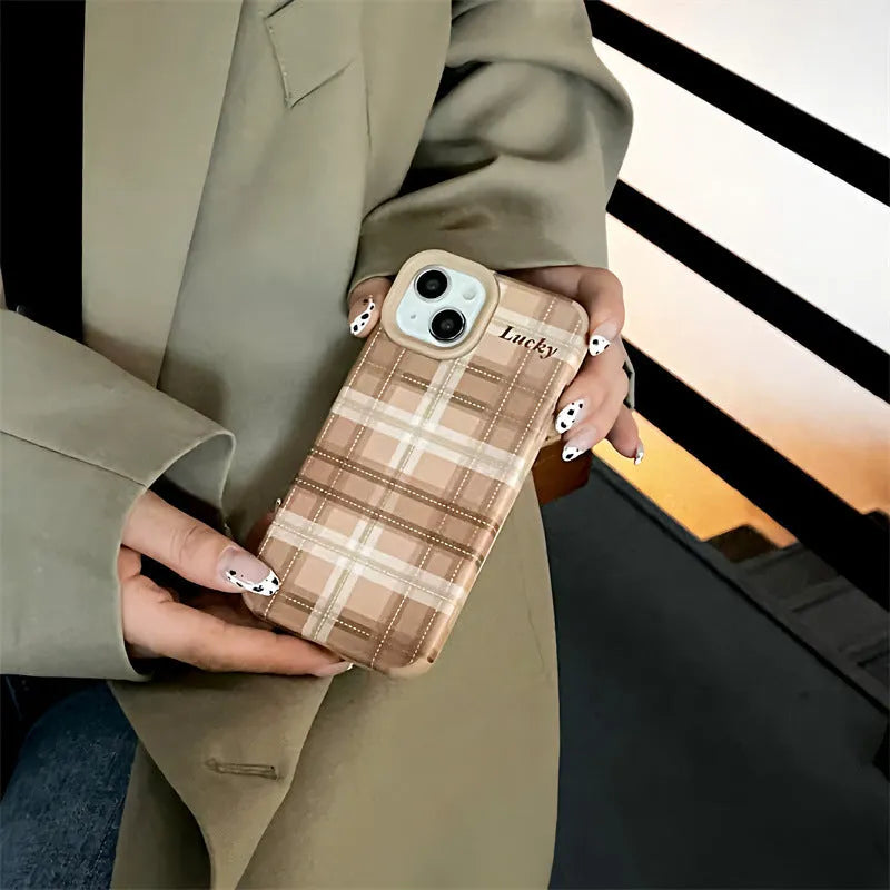 Letter personality lambskin plaid phone case for iPhone 14 in light coffee colour with embossed pattern
