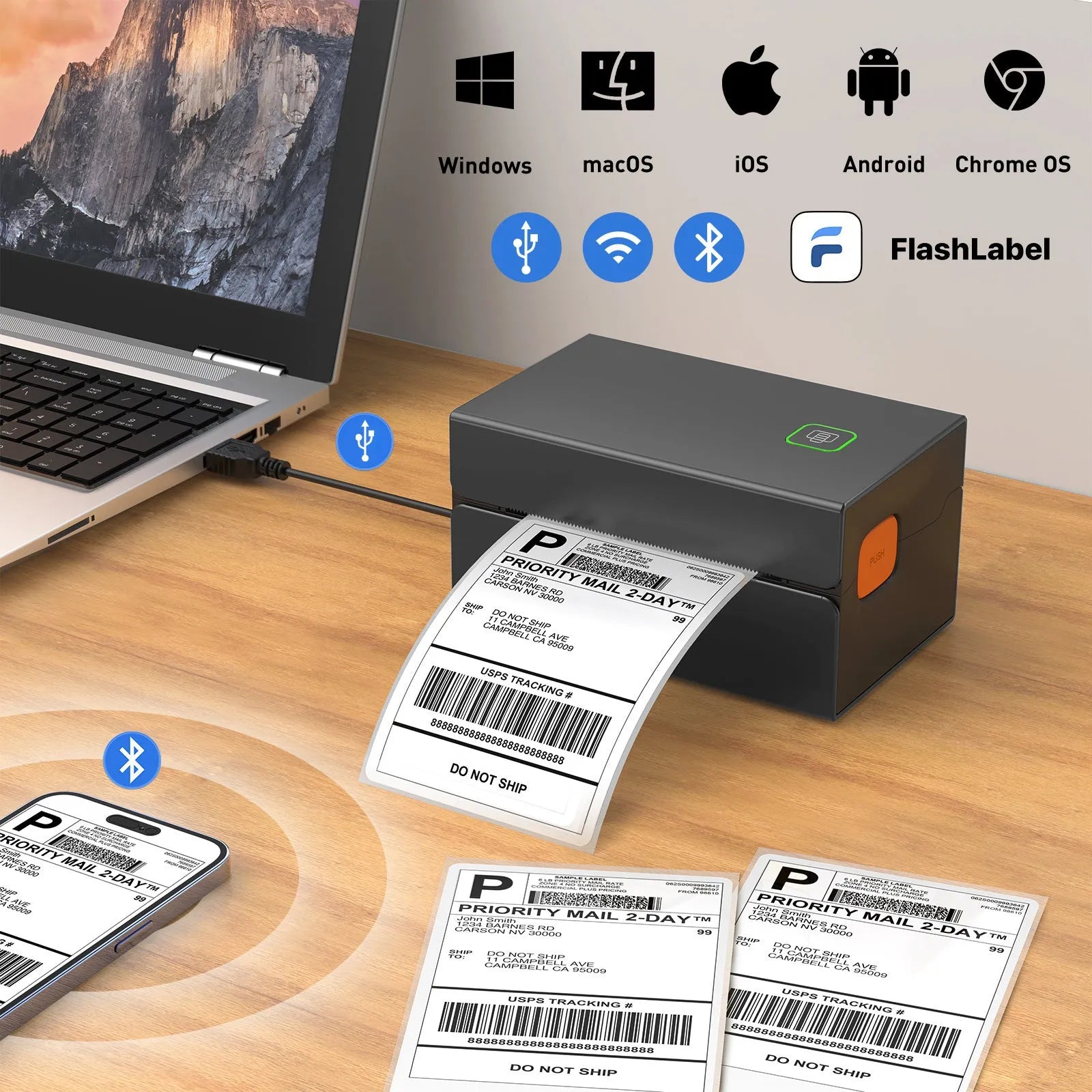 Express single machine printer for thermal labels and electronic face sheets, USB interface, black plastic and metal construction