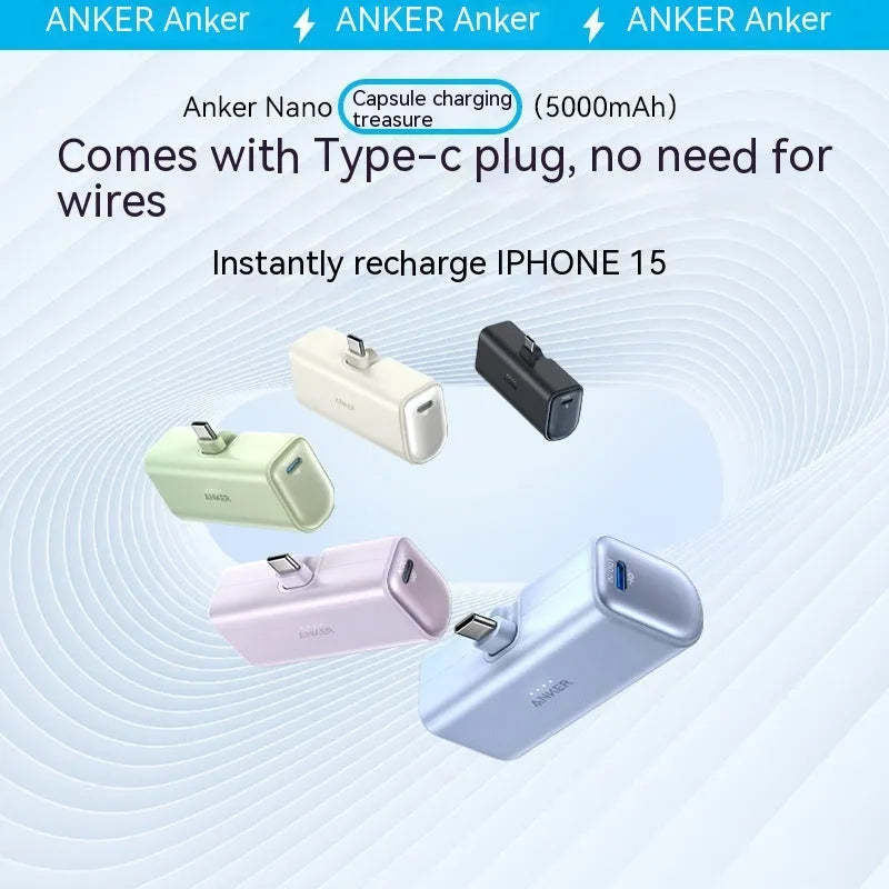 Capsule power bank portable charger with 5000mAh capacity and compact plastic shell design