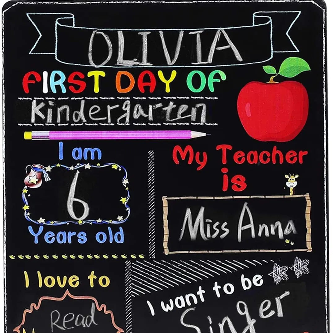 Wooden first day of school blackboard sign measuring 25.5 by 30 centimetres