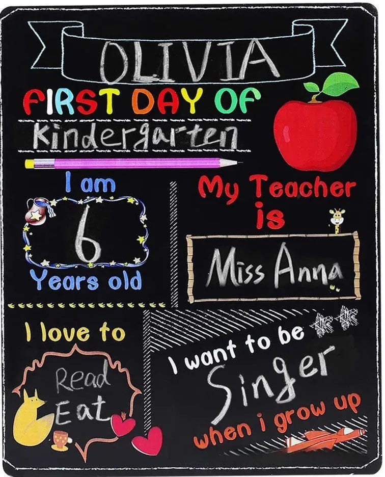 Wooden first day of school blackboard sign measuring 25.5 by 30 centimetres