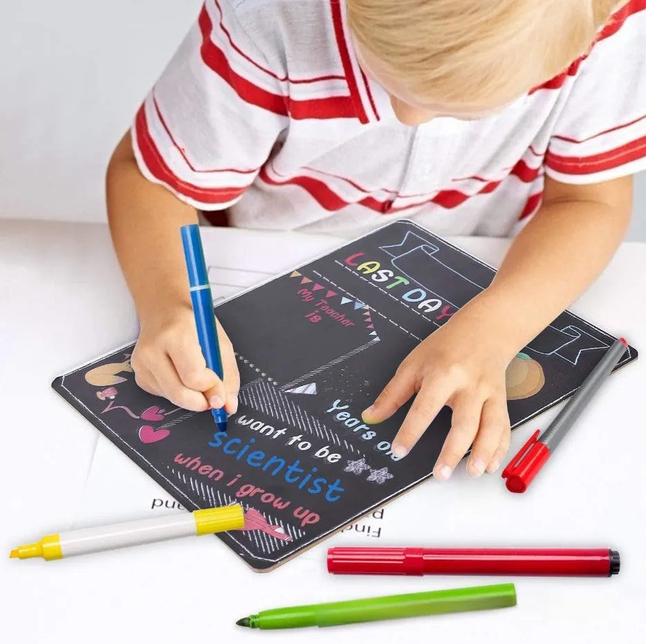 Wooden first day of school blackboard sign measuring 25.5 by 30 centimetres